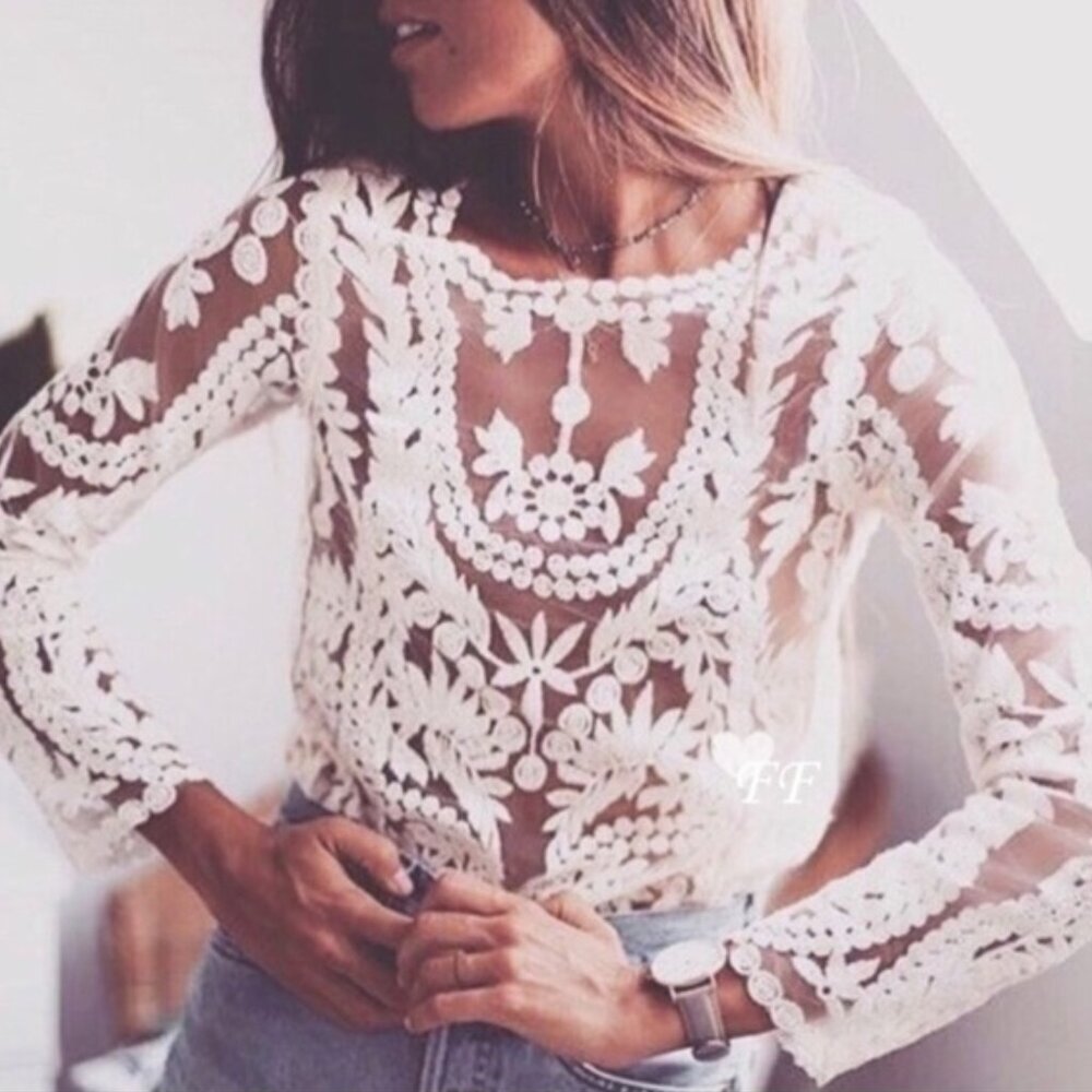 New White Lace Long Sleeve Gypsy Boho Blouse Top Feminine Sexy Women's Sexy